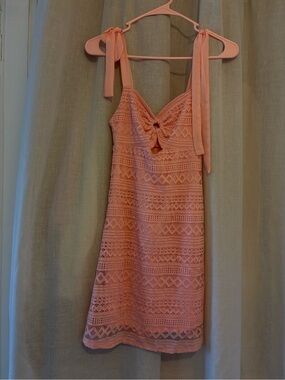 Spoiled Peach-Pink Crochet Tie-Shoulder Mini Dress